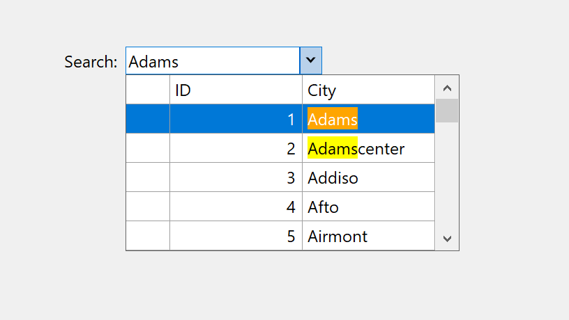 WinForms MultiColumn Combobox Search and Highlight