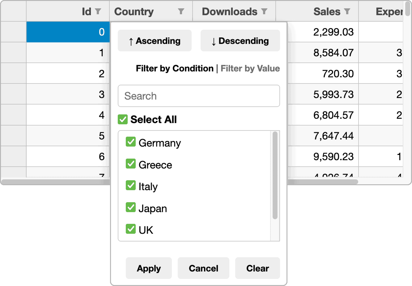 Vue Datagrid Filtering Feature Excel-Like Filtering