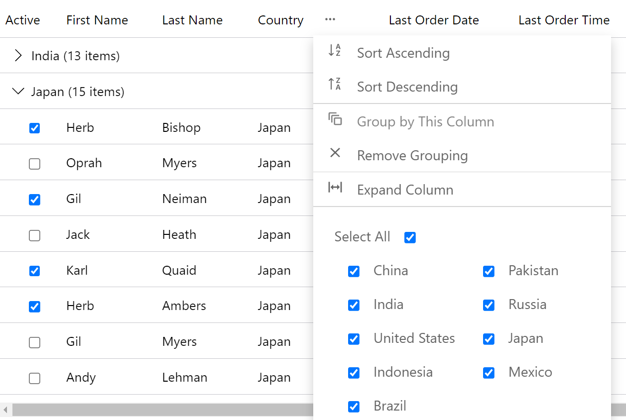 Blazor FlexGrid Excel-like Filtering