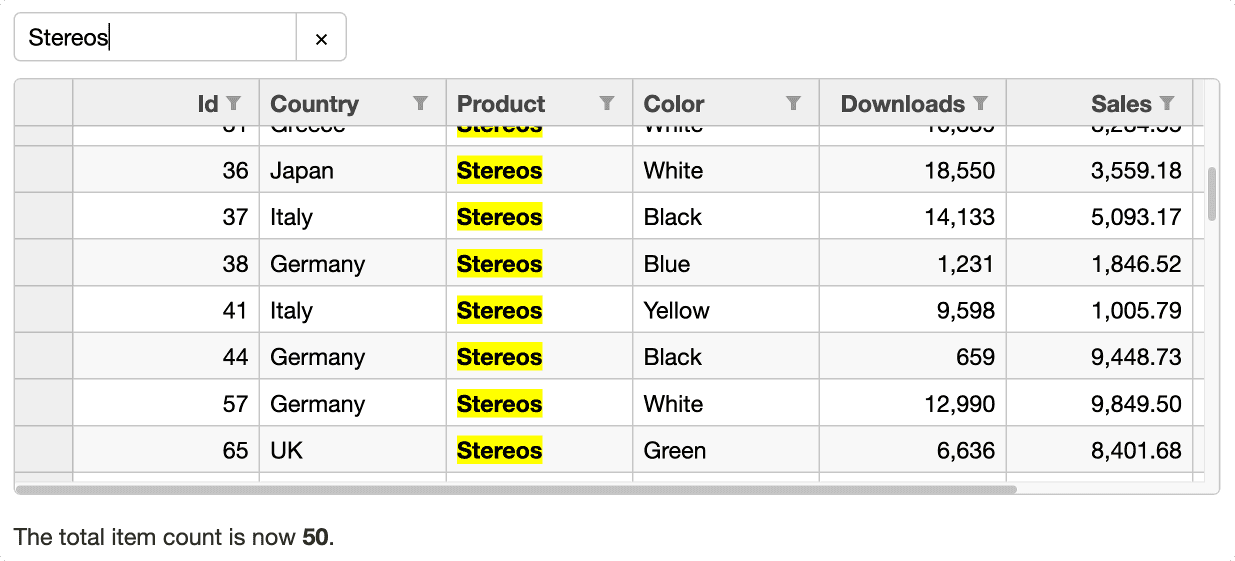 JavaScript DataGrid Search Filter