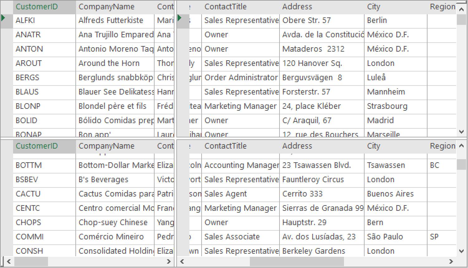 WinForms True DBGrid Splits