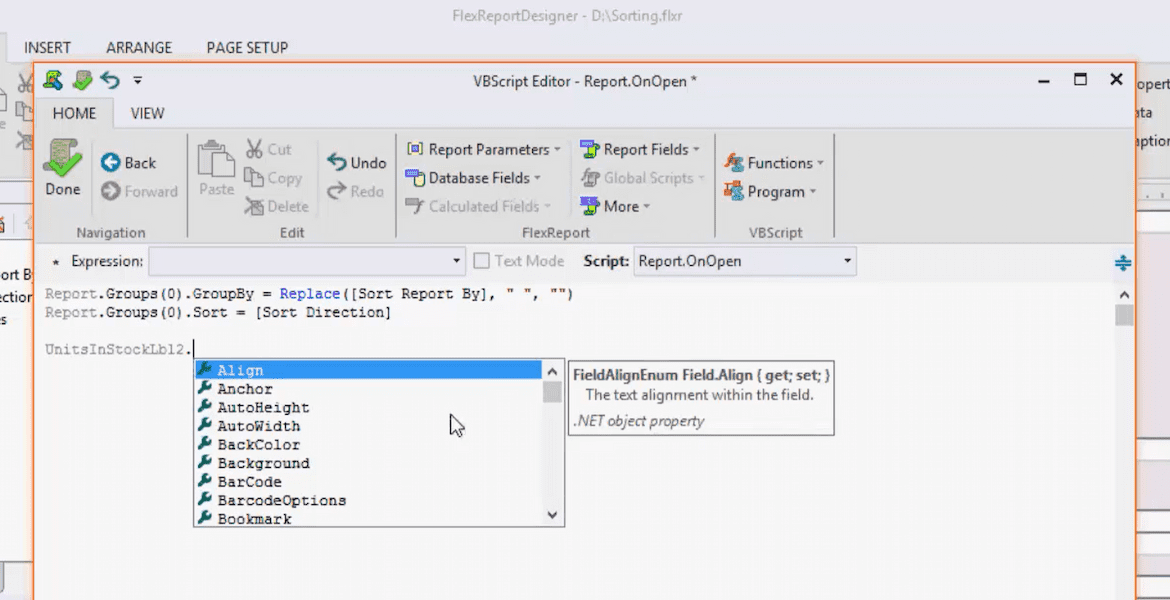 FlexReport Designer VBScript