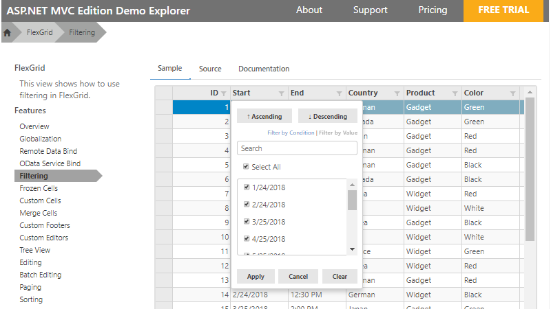 ASP.NET MVC FlexGrid Explorer